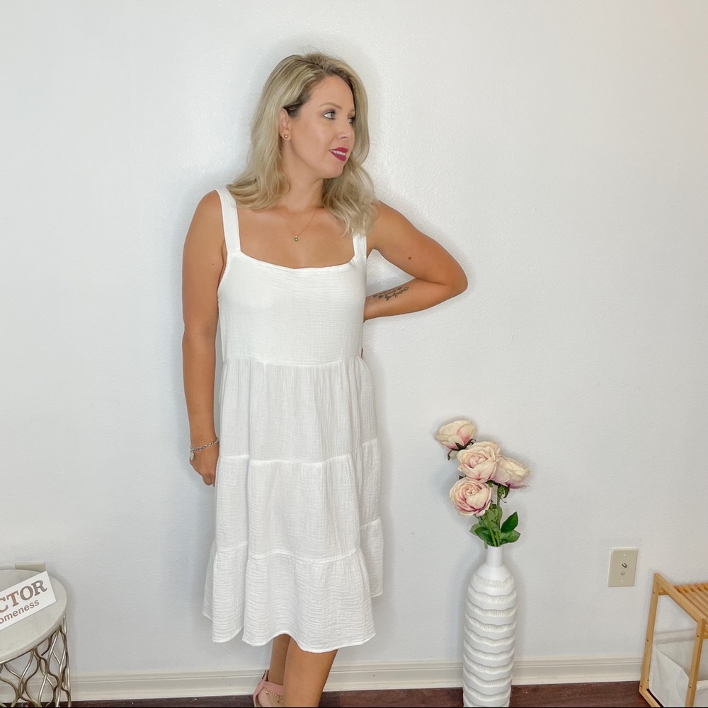 New White Linen Tiered MIDI Dress